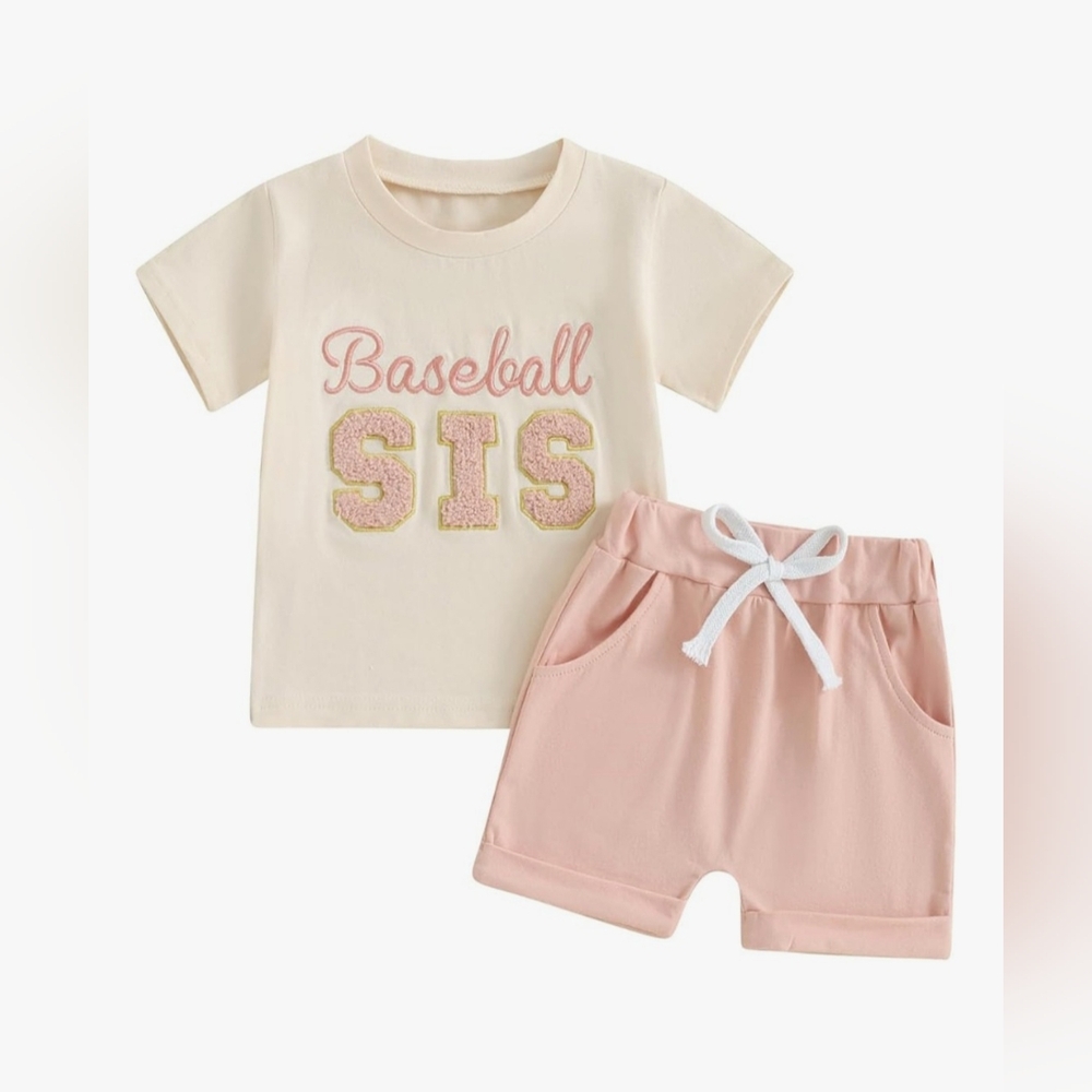Baseball Sis 2 piece outfit, NWOT, Embroidered Shirt Jogger shorts 18-24